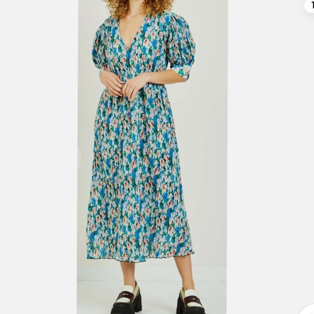 Ganni Floral Smocked Midi Dress Puff Sleeve Multicolor Size 40